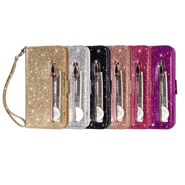 Zipper Glitter flip carteira de couro caso do cartão Bling Correia foto para Samsung S20 PLUS S20 Ultra A51 A71 A10 A20 A30 A50 A70 A20E Nota 10 PLUS