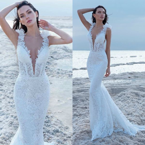 

глубокий v-образным вырезом русалка свадебные платья backless кружева boho свадебные платья плюс размер на заказ 2020 одеяния мария, White