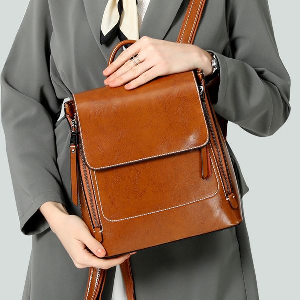 

soft oil wax leather backpack female waterproof vintage back pack women black brown ladies bagpack youth high quality