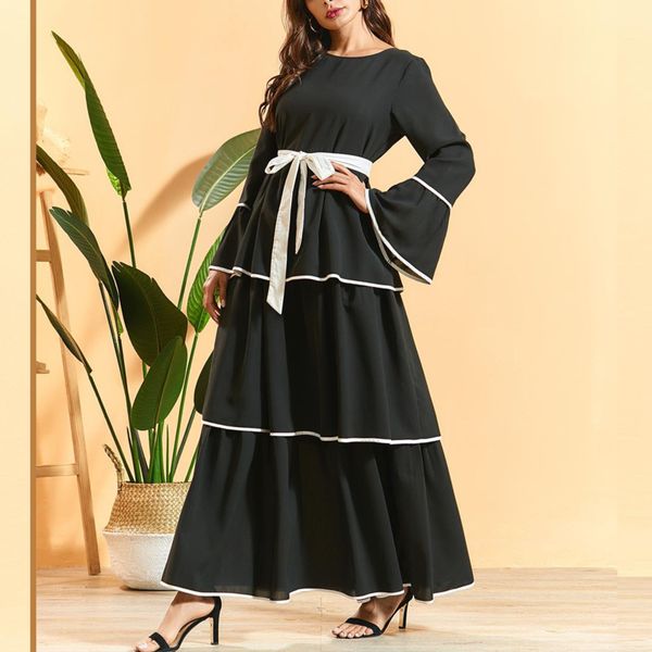 

ewq] 2020 spring summer new arrivals o-neck high waist flare sleeve sashes solid pattern women fashion loose casual dress aw703, Black;gray