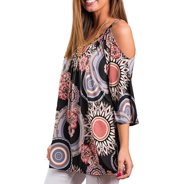 

wholesale summer floral print women cold shoulder 3/4 sleeve o-neck t-shirt loose top, White