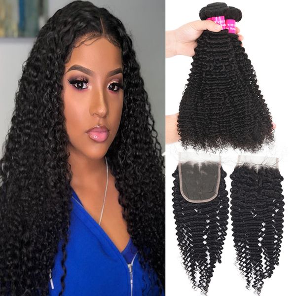 

9a brazilian kinky curly hair 3 bundles with lace closure unprocessed kinky curly deep wave water wave loose wave loose deep brazilian hair, Black