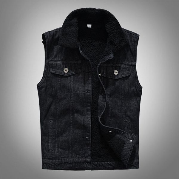 

mcikkny men cashmere lined denim vest black color warm jeans waistcoats male sleeves jeans jackets thermal, Black;white