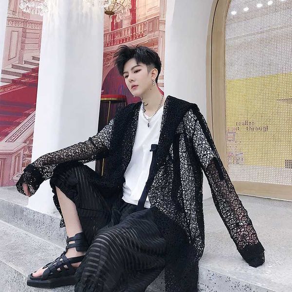 

men mesh hollow casual hooded trench coat male streetwear hip hop punk gothic long cardigan cloak jacket robe summer windbreaker, Tan;black