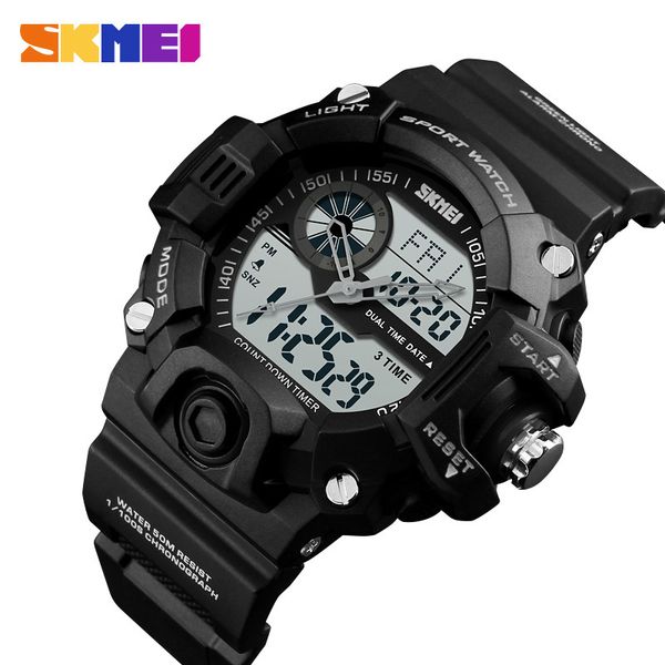 

new skmei outdoor sport watch men 5bar waterproof chronograph watches backlight dual display wristwatches relogio masculino, Slivery;brown