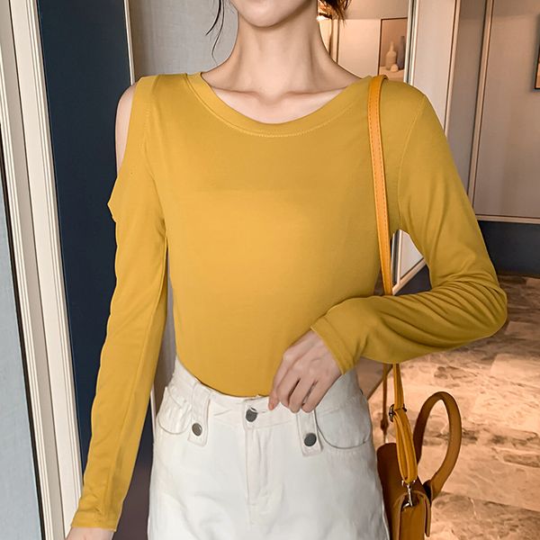 

new cotton ripped strapless long sleeve t-shirt women summer o neck t shirts female dropshiping, White