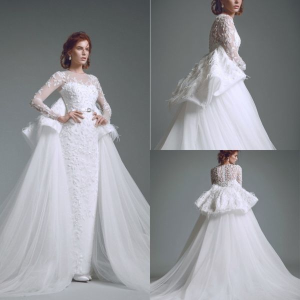 

elegant zuhair murad prom dresses long with feathers jewel neck long sleeves formal evening dress lace special occasion quinceanera gowns, Black;red