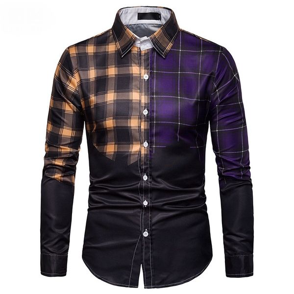 

men business leisure spring and autumn multi-color plaid patchwork casual long-sleeve shirt, White;black