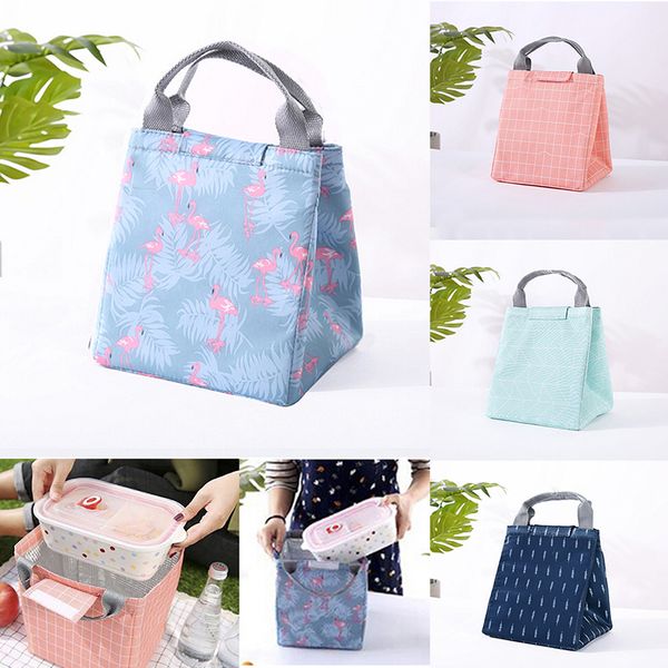 

functional canvas stripe women portable insulated thermal picnic kids cooler lunch box bag tote animal flamingo lunch bags, Blue;pink