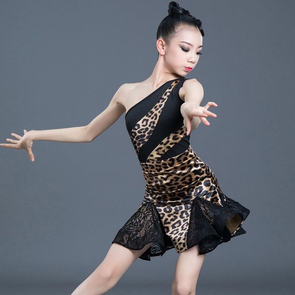 

1pcs/lot children one shoulder leopard latin dress girl performance chacha dancing dresss, Black;red