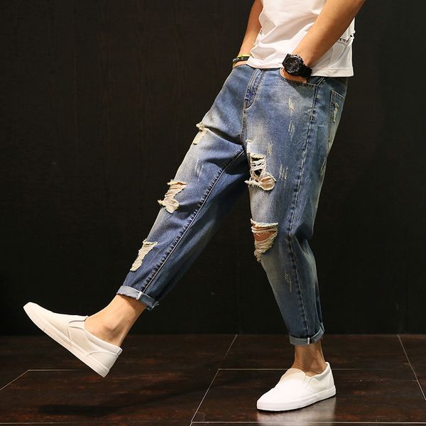 

brand fashion jeans men 2017 new jeans male slim fit zipper casual denim trousers collapse pants hip hop holes, Blue