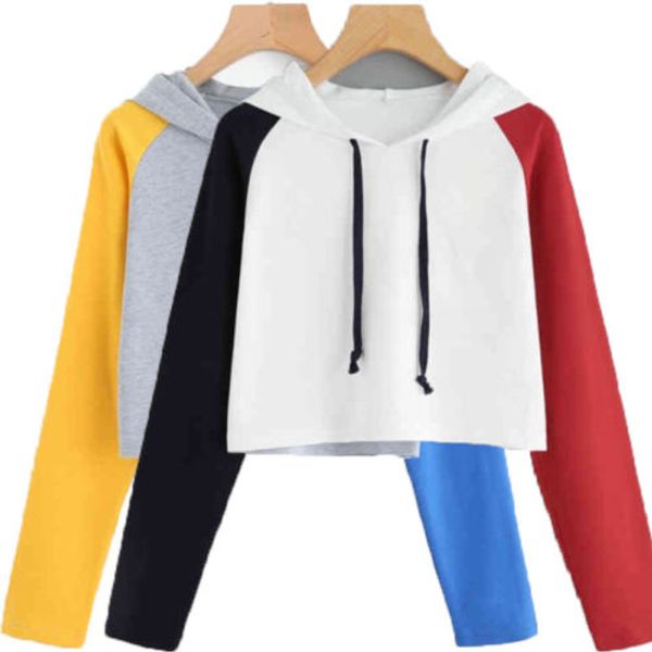 

women ladies long sleeve hoodies sweatshirt jumper hooded crop pullover patchwork s-xl