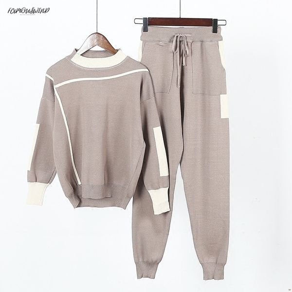 

knitted women sweaters pants sets 2pcs track suits woman casual knitted trousers jumper clothing v-neck vestidos drop shipping, White