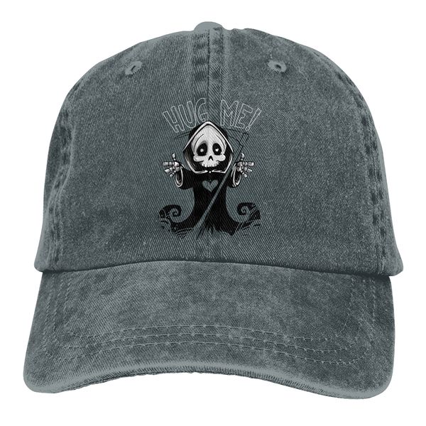 

death cute mascot grim reaper grave skull spooky washed cotton pure color light board men's baseball cap stitching dad hat, Blue;gray