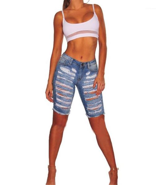 

style hole panelled jeans casual high waist natural color knee length jeans womens washed jeans fashion, Blue