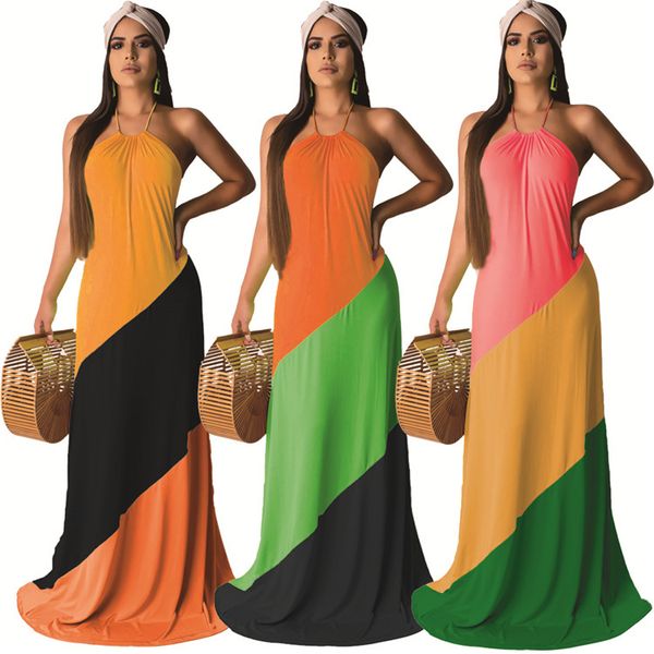

customized popular fashion women dress splice halter backless sleeveless long bohemian holiday dresses, Black;gray