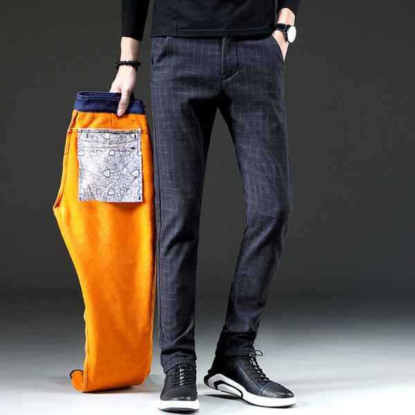 

зимние брюки men флис теплого бархат вскользь платье брюки мужчина тощий slim fit толстая мужской классический брюки stretch длинного plaid, Black