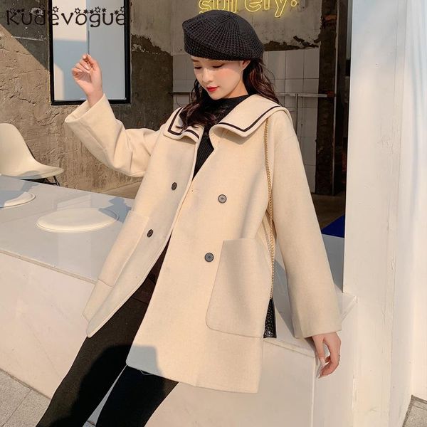 

autumn and winter temperament navy collar woolen cardigan pocket coat long woolen jacket women, Black