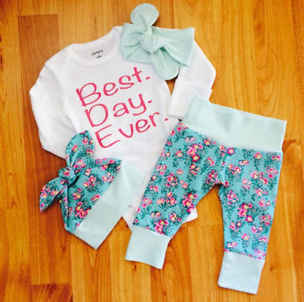 

newborn infant baby girls romper+floral long pants hat clothes 4pcs outfits set, Pink;blue