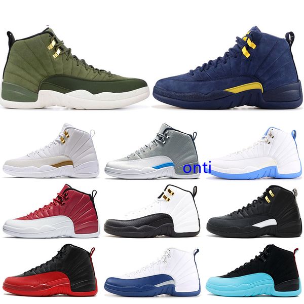 

2019 men 12 12s basketball shoes french blue white black dark wolf grey flu game taxi the master gym red sneakers size 8-13