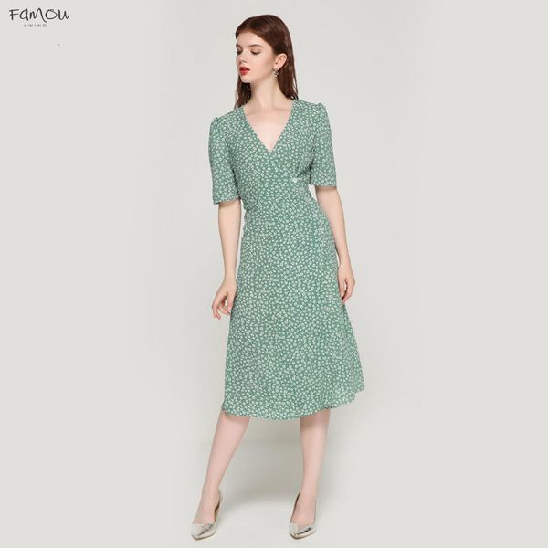 

Vintage Floral Print Vestidos Wrap Dress V Neck Tie Sashes Short Sleeve Female Streetwear Chic Mid Calf Dresses Qa030