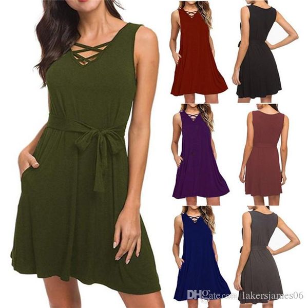 

womens summer new designer solid color belt dress fashion v neck sleeveless clothing famale casual dress, Black;gray