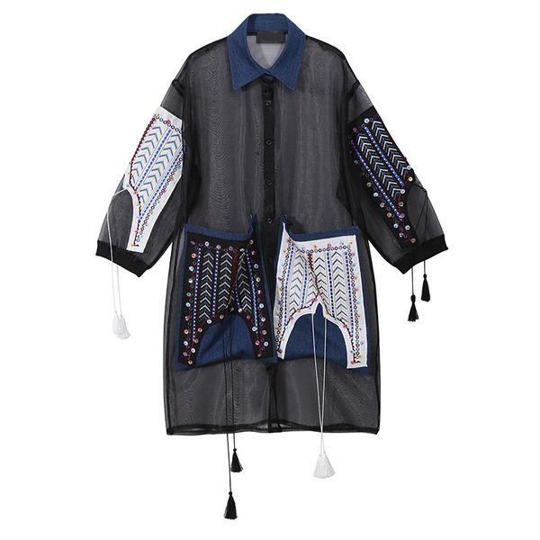 

eam] 2019 new spring summer lapel long sleeve black organza split perspective big size shirt dress women fashion tide js042, Black;gray