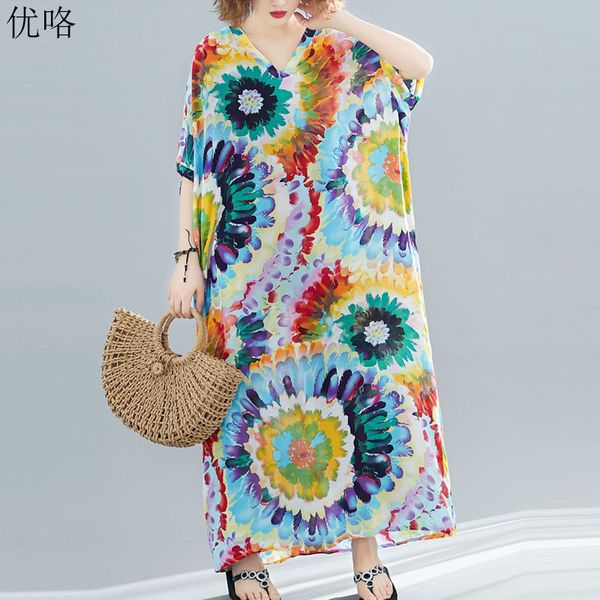

2019 summer fashion plus size 4xl 5xl 6xl 7xl 8xl bohemia dresses women art print floral maxi sundress cotton linen beach dress, Black;gray