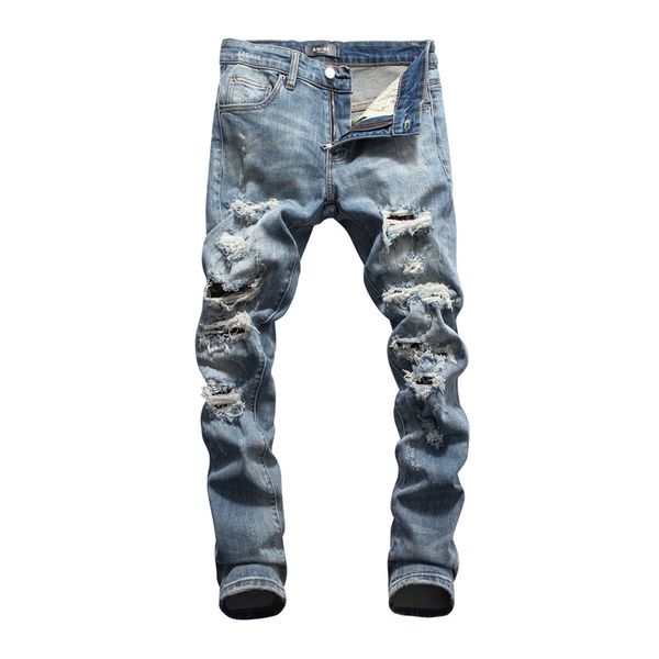 

2020 mens skinny jeans fashion stretch denim pants distressed ripped freyed slim fit jeans slim fit men new arrivals denim jeans, Blue