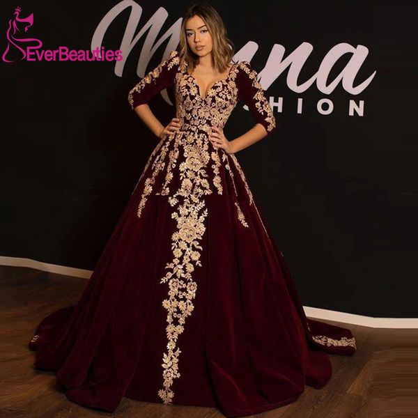 

burgundy velvet muslim evening dress long 2019 arabic dubai kaftan gold lace applique ball gown turkey prom formal dresses, White;black