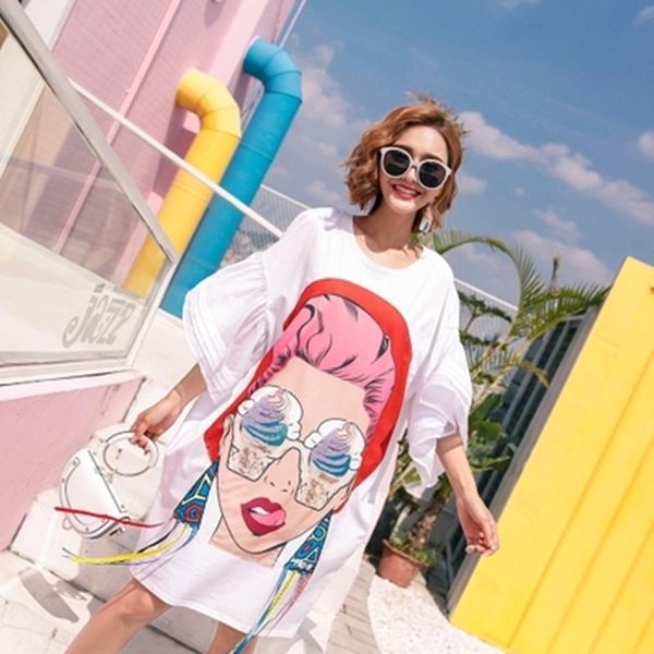 

summer women cartoon sequin dress print asymmetrical dresses loose casual tassel irregular t shirt dress, Black;gray