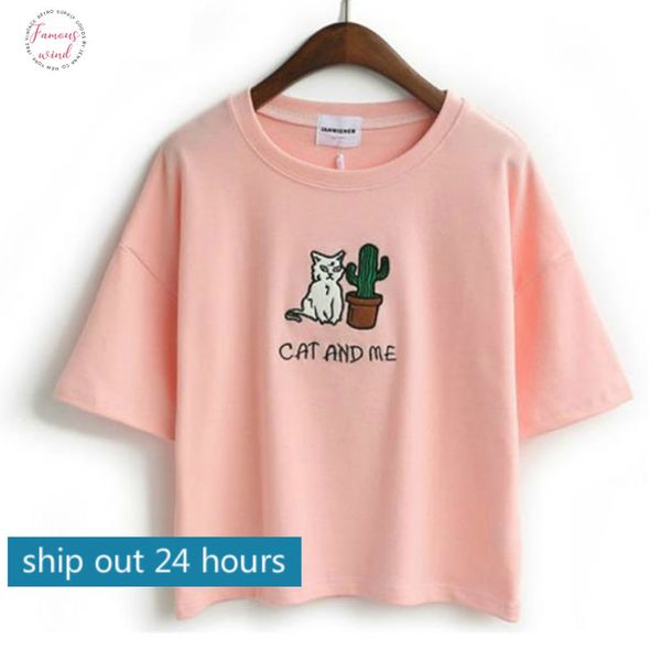 

harajuku t shirt women korean style t shirt tee kawaii cat embroidery cotton shirt camiseta feminina drop ship, White