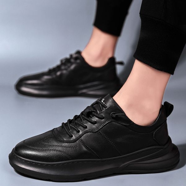 

plus cashmere mens shoes casual youth sudent lace up little white shoes loafers fashion men's sneakers leather men shoe, Black