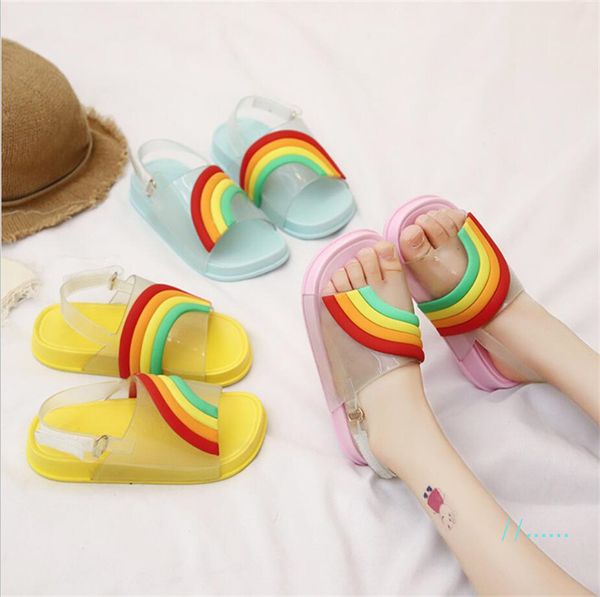 

ins summer children sandals cartoon rainbow candy fish head sandals with buckle strap slippers pu soft bottom beach shower shoes a51302, Black;red