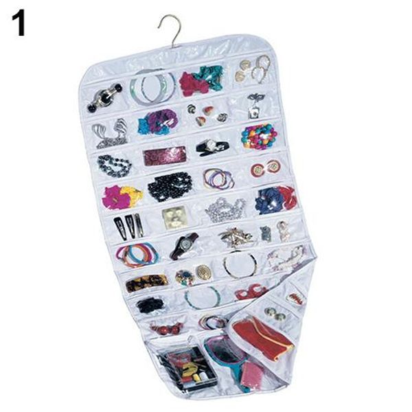 

80 pockets 2 side hanging jewelry accessories organizer closet clear storage bag, Pink;blue