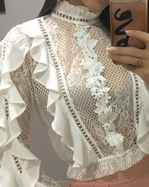 

women autumn lace casual blouse elegant ruffles shirt women blouse, White