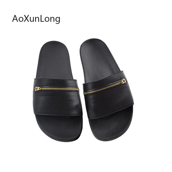 

men's slippers summer fashion zipper design outdoor slippers indoor sandals men beach flip flops sport shoes leisure male slides, Black