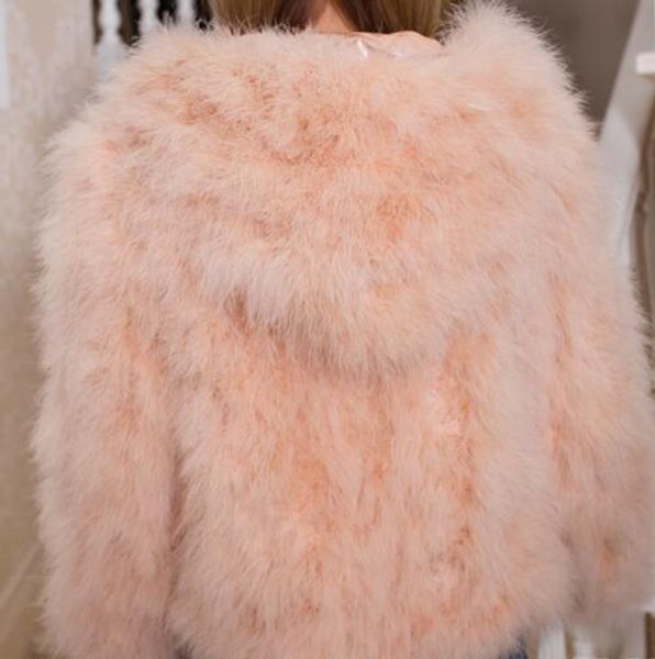 

ostrich feathers fur hooded fur coat short long sleeve jacket, Black;brown