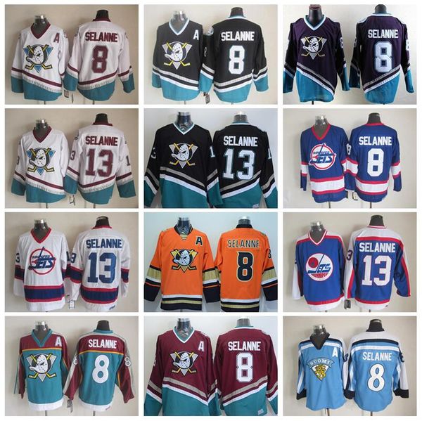 

anaheim ducks ice hockey 8 teemu selanne vintage jersey 13 the mighty ducks movie green 1993 ccm stitched red purple green white black