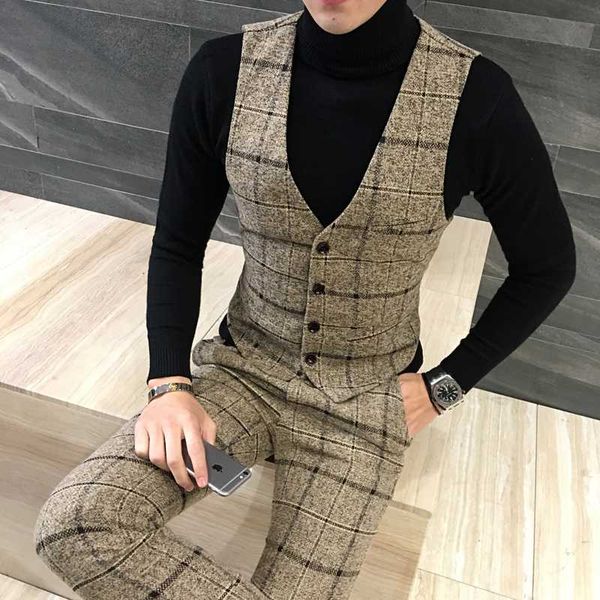 

new design wool plaid vest suit pants fashion boutique men's formal wear wedding casual business suit vest men's slim pants, Black;white