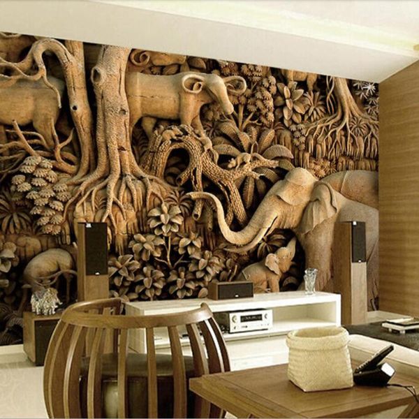 

dropship custom 3d wallpaper mural woodcarving thai sofa wallpaper thai three-dimensional relief elephant background wall paper