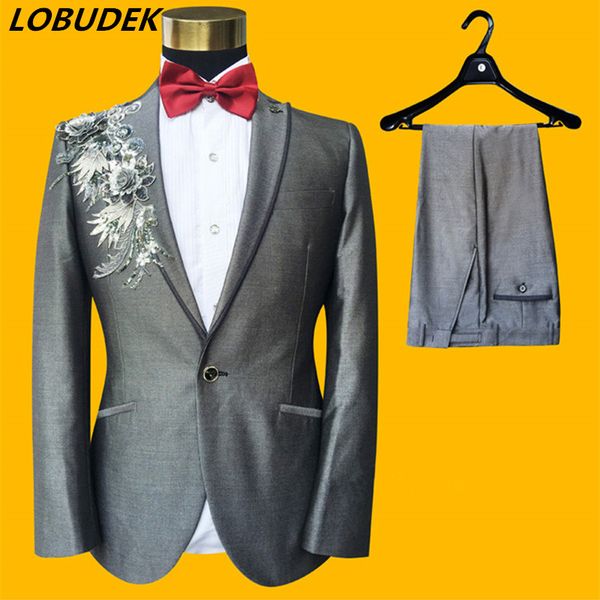 

2019 formal men suits gray sequins blazer 2 pieces fashion wedding groom suit nightclub host stage singer chorus master costume, White;black