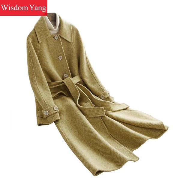 

winter warm coat yellow sheep wool alpaca coats womens korean long slim belt oversize woolen office ladies overcoat outerwear, Black