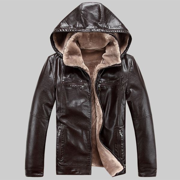 

men's fur & faux winter warm leather coats long sleeve hooded pu jackets slim fitting outwears for males, Black