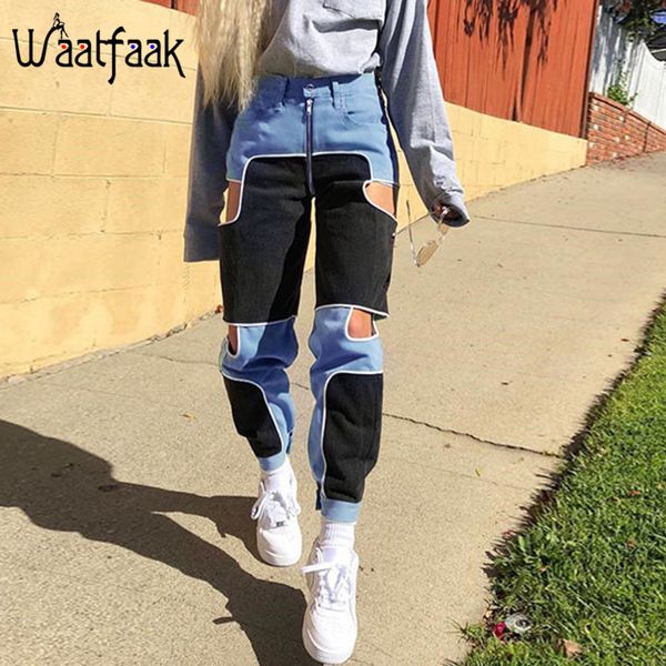

waatfaak streetwear black cargo pants women casual zipper up female trousers high waist patchwork gothic hip hop harem pants, Black;white