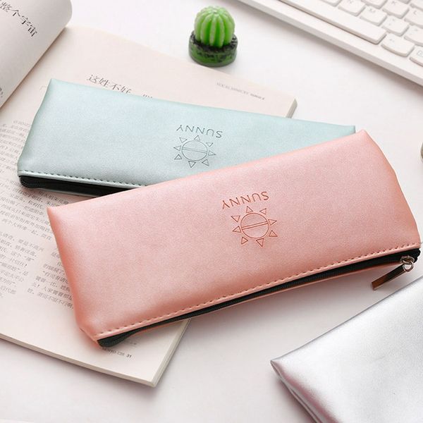 

simple green silver pink leather pencil case metalic color pu leather school supplies stationery gift storage bag pencil box
