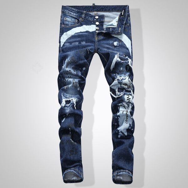 

mens distressed designer jeans us size 29~38 slim fit motorcycle biker denim for men brand designer hip hop mens designer pants, Blue
