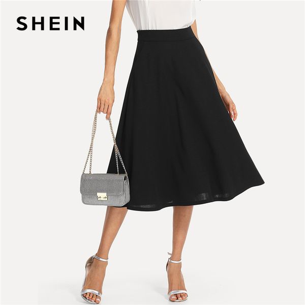 

shein black elegant slant pocket side circle mid waist long skirt summer women office lady workwear solid skirts, Black;gray