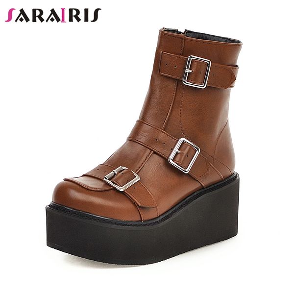 

sarairis autumn plus size 33-46 girl thick platform booties ladies fashion wedges ankle boots women 2019 high shoes woman, Black