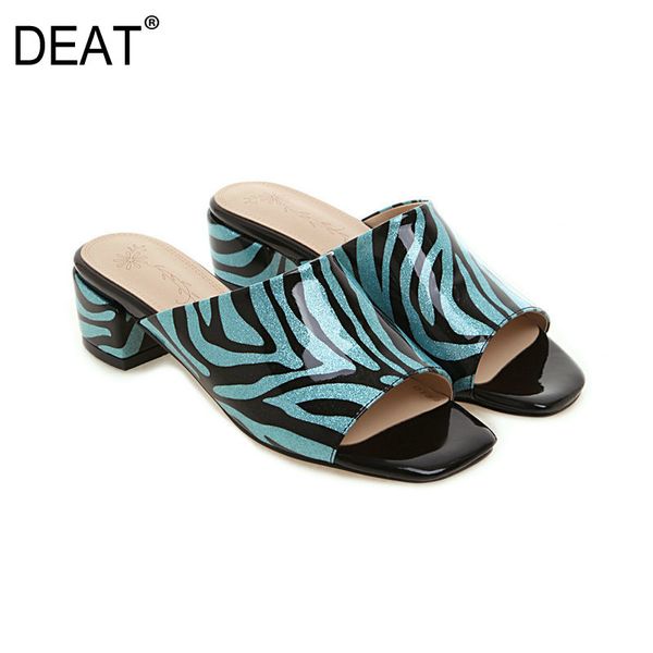 

deat] 2020 new spring summer square toe shallow striped print patent leather high heels slippers women shoes fashion 10h154, Black